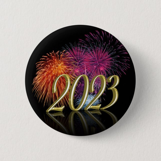 Gold Happy New Year 2023 Fireworks 6 Cm Round Badge (Front)