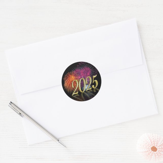 Gold Happy New Year 2025 Fireworks Classic Round Sticker (Envelope)