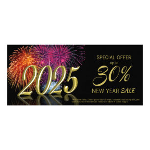 Gold Happy New Year 2025 Fireworks Discount Card