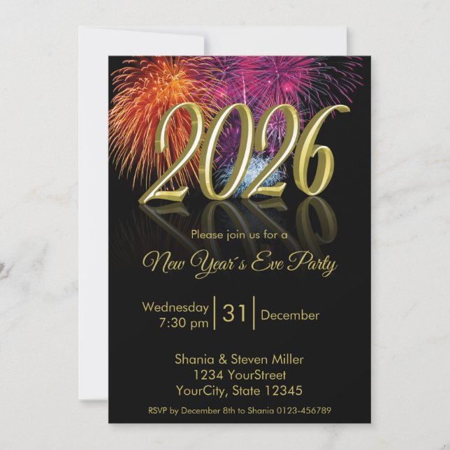 Gold Happy New Year 2026 Fireworks Invitation (Front)
