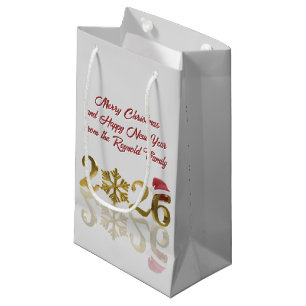 Gold Happy New Year 2026   Snowflake and Santa Hat Small Gift Bag