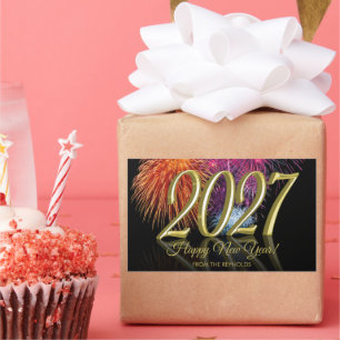 Gold Happy New Year 2027 Colourful Fireworks Big Rectangular Sticker