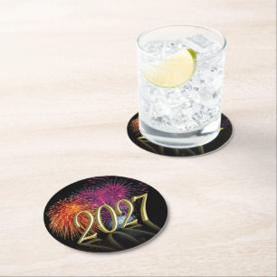 Gold Happy New Year 2027 Colourful Fireworks Round Paper Coaster