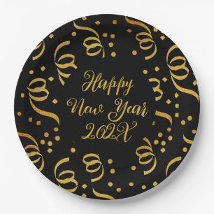 Gold Happy New Year Custom Wording Confetti Paper Plate