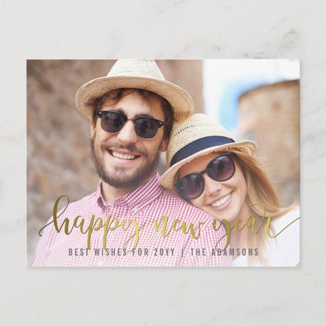 Gold Happy New Year Script | Custom Photo Holiday Postcard (Front)