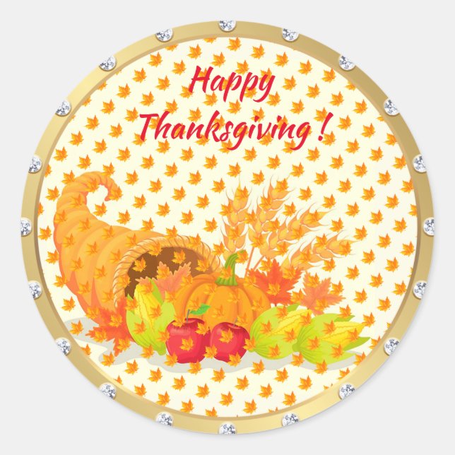 Gold Happy Thanksgiving Fall Classic Round Sticker (Front)