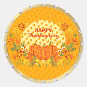 Gold Happy Thanksgiving Fall Classic Round Sticker