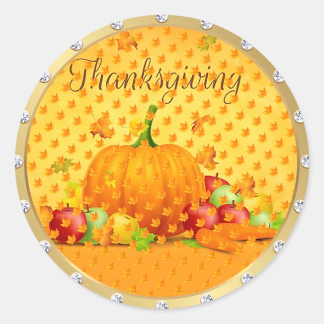 Gold Happy Thanksgiving Fall Classic Round Sticker (Front)