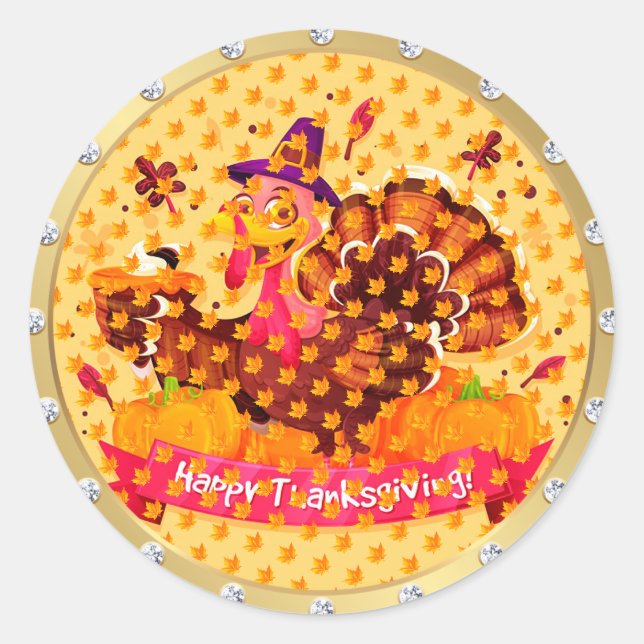 Gold Happy Thanksgiving Fall Classic Round Sticker (Front)