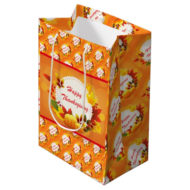 Gold Happy Thanksgiving Fall Gift Medium Gift Bag (Front Angled)
