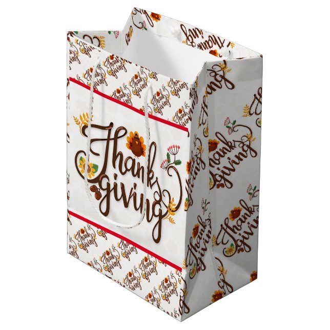Gold Happy Thanksgiving Fall Gift Medium Gift Bag (Front Angled)