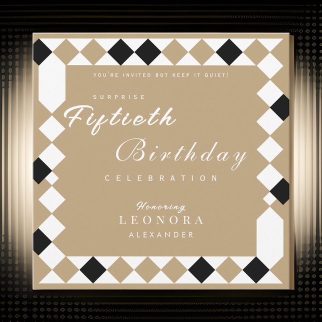 Gold Harlequin Diamond Pattern Surprise Birthday Invitation (Creator Uploaded)
