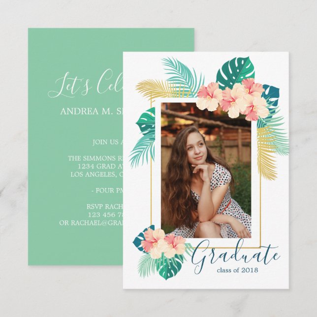 Gold Hawaiian Hibiscus Graduation Announcement (Front/Back)