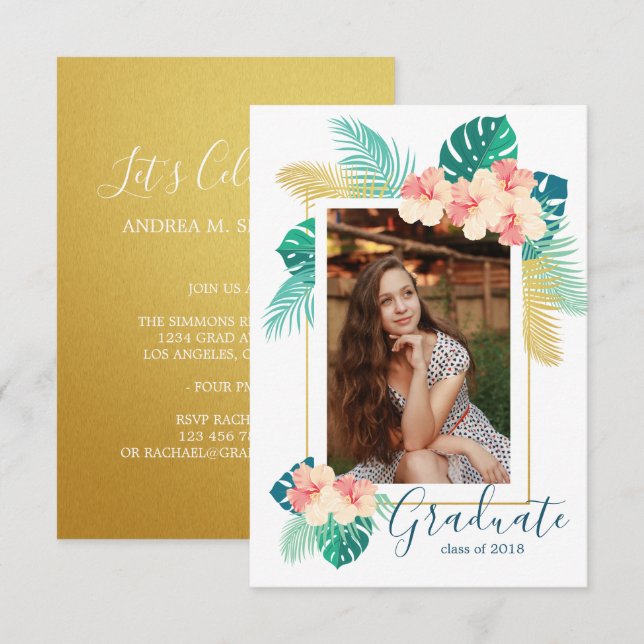 Gold Hawaiian Hibiscus Graduation Announcement (Front/Back)