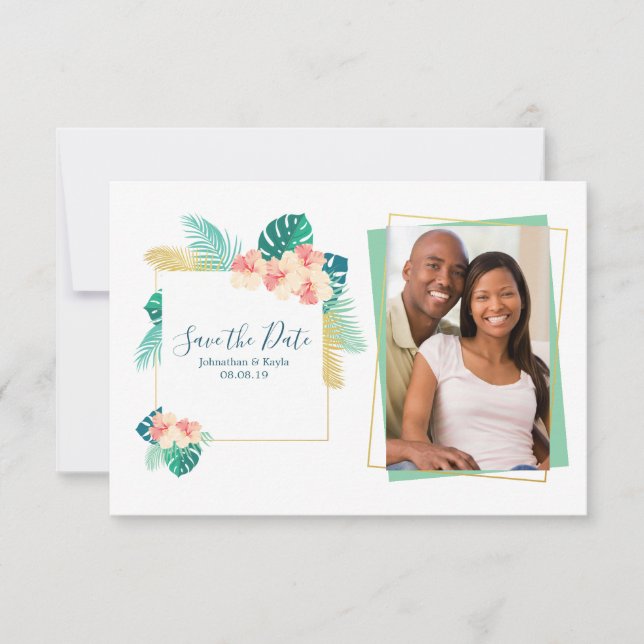 Gold Hawaiian Hibiscus Wedding Save the Date (Front)