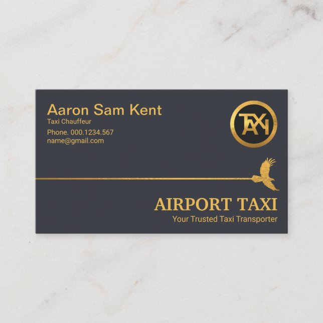 Gold Hawk Sky Line Elegant Blue Airport Taxi Business Card (Front)