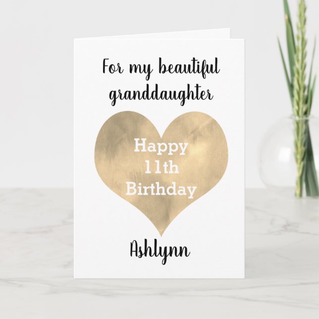 Gold Heart 11th Birthday Granddaughter Card (Front)