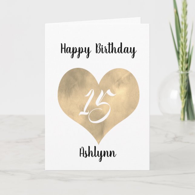Gold Heart 15th Birthday Card (Front)