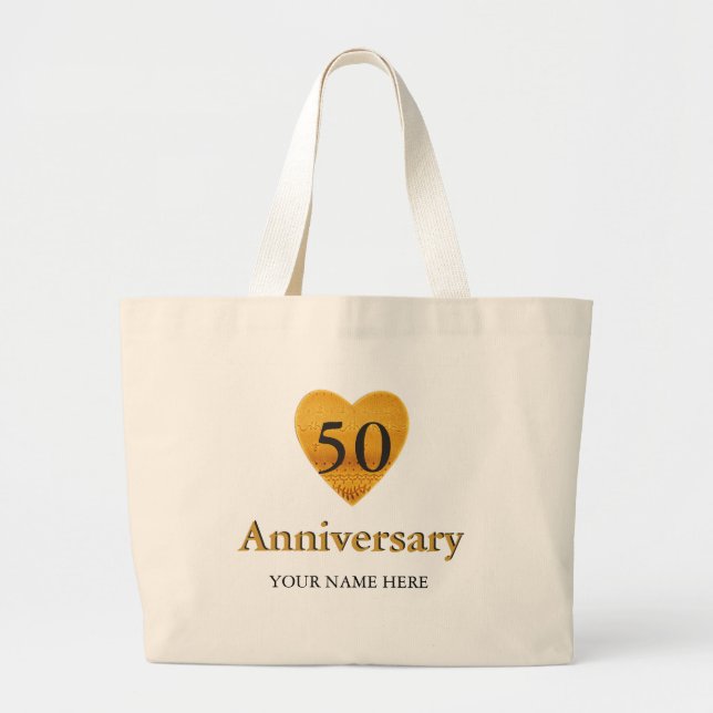 Gold Heart 50th Anniversary Personalised Large Tote Bag (Front)