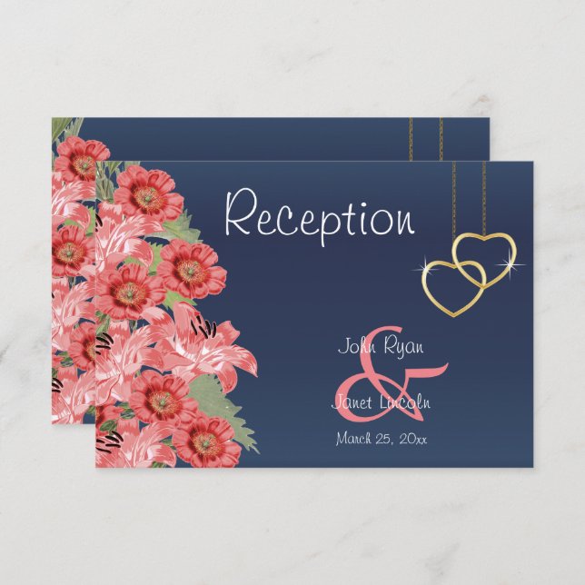 Gold Heart and Coral Flowers - Reception Invitation (Front/Back)