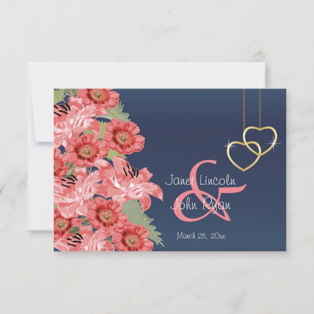 Gold Heart and Coral Flowers - RSVP (Front)