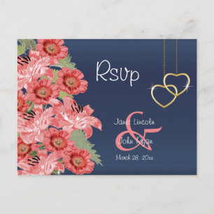 Gold Heart and Coral Flowers - RSVP Postcard