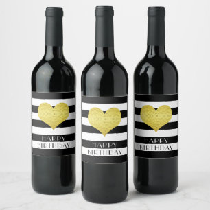 Gold Heart Black White Stripe Happy Birthday Wine Label