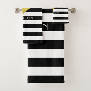 Gold Heart Black White Striped Pattern Name Bath Towel Set