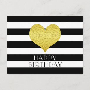 Gold Heart Black White Stripes Happy Birthday Postcard