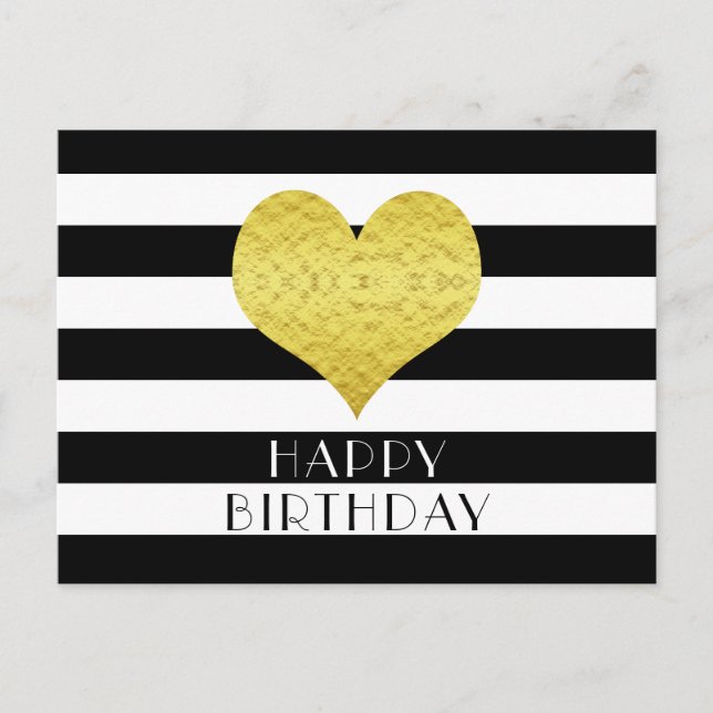 Gold Heart Black White Stripes Happy Birthday Postcard (Front)