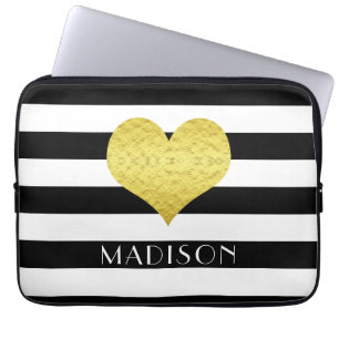 Gold Heart Black White Stripes Pattern Name Laptop Sleeve