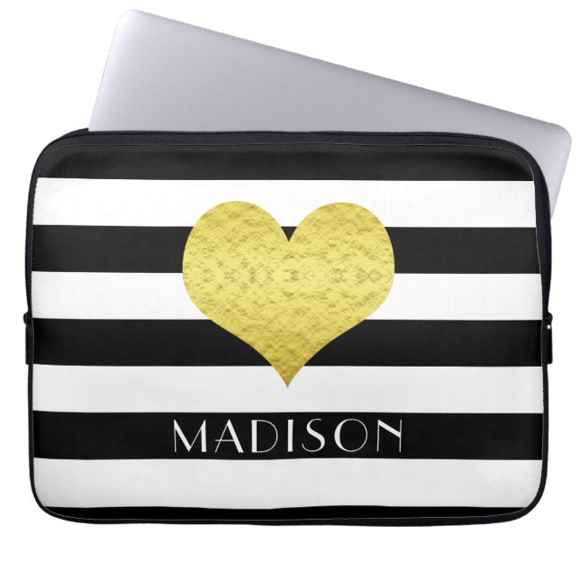 Gold Heart Black White Stripes Pattern Name Laptop Sleeve (Front)
