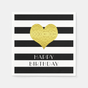 Gold Heart Black White Stripes Pattern Name Napkin