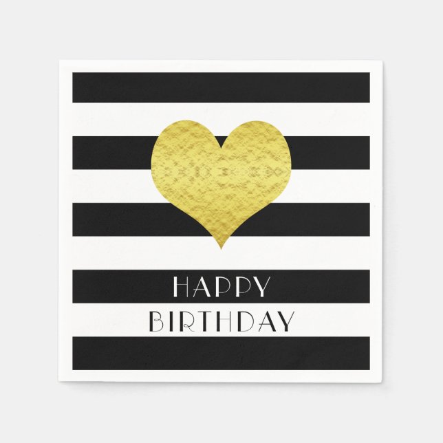 Gold Heart Black White Stripes Pattern Name Napkin (Front)