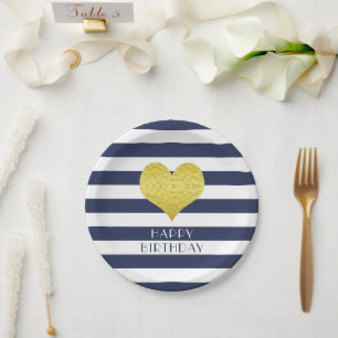 Gold Heart Blue And White Stripes Happy Birthday Paper Plate