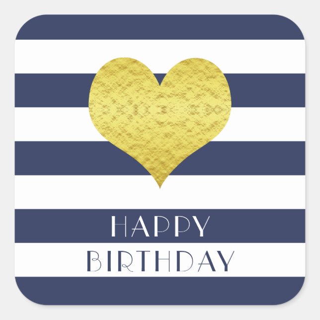 Gold Heart Blue Stripes Happy Birthday Square Sticker (Front)
