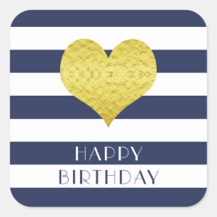 Gold Heart Blue Stripes Happy Birthday Square Sticker