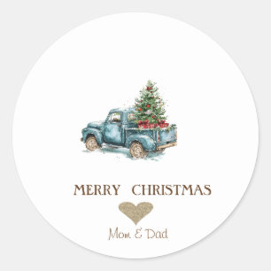 Gold Heart,Blue Truck Pine Trees Christmas Classic Classic Round Sticker
