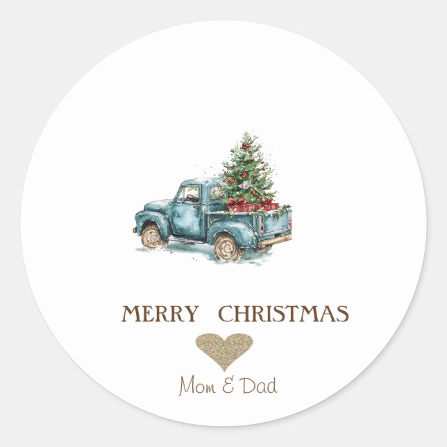 Gold Heart,Blue Truck Pine Trees Christmas Classic Classic Round Sticker (Front)