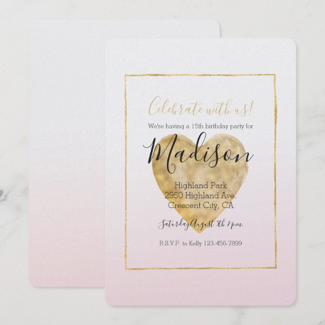 Gold Heart Blush Pink Ombre Birthday Invitation (Front/Back)