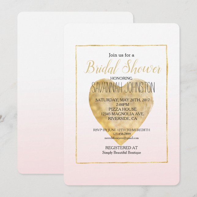 Gold Heart Blush Pink Ombre Bridal Shower Invitation (Front/Back)