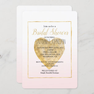 Gold Heart Blush Pink Ombre Bridal Shower Invitation
