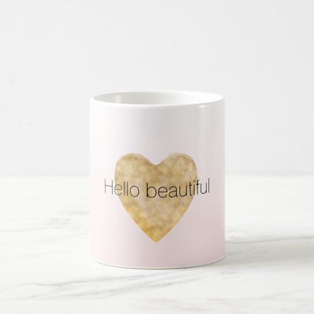 Gold Heart Blush Pink Ombre Hello beautiful Coffee Mug (Center)