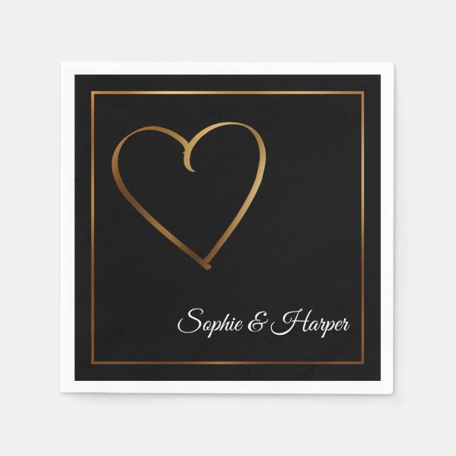 Gold Heart & Border with Names on Black Napkin (Front)