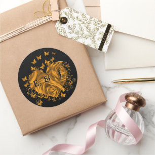 Gold Heart Bride & Groom Butterflies Swirls  Classic Round Sticker