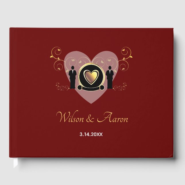 Gold Heart Burgundy Male LGBTQ Wedding Guest Book (Front)