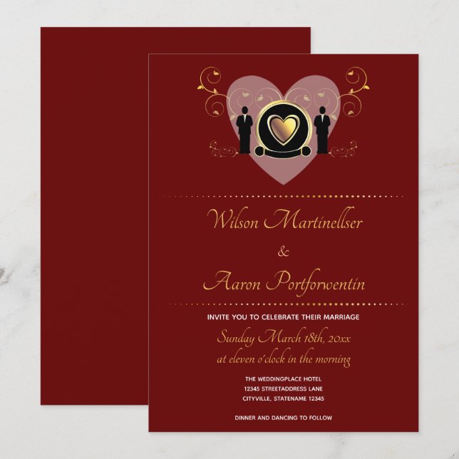 Gold Heart Burgundy Male LGBTQ Wedding Invitation (Front/Back)