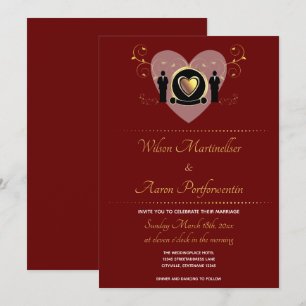 Gold Heart Burgundy Male LGBTQ Wedding Invitation