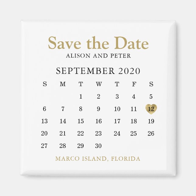 Gold Heart Calendar Wedding Save the Date Magnet (Front)