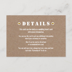 Gold heart cardboard wedding details insert card